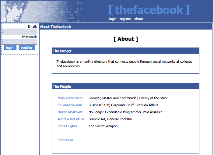"The Facebook" About page (note the snarky titles) (2004)